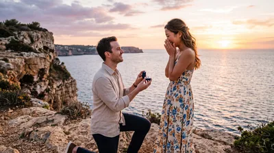 Man Proposing Marriage To Woman On Coastal Cliff
