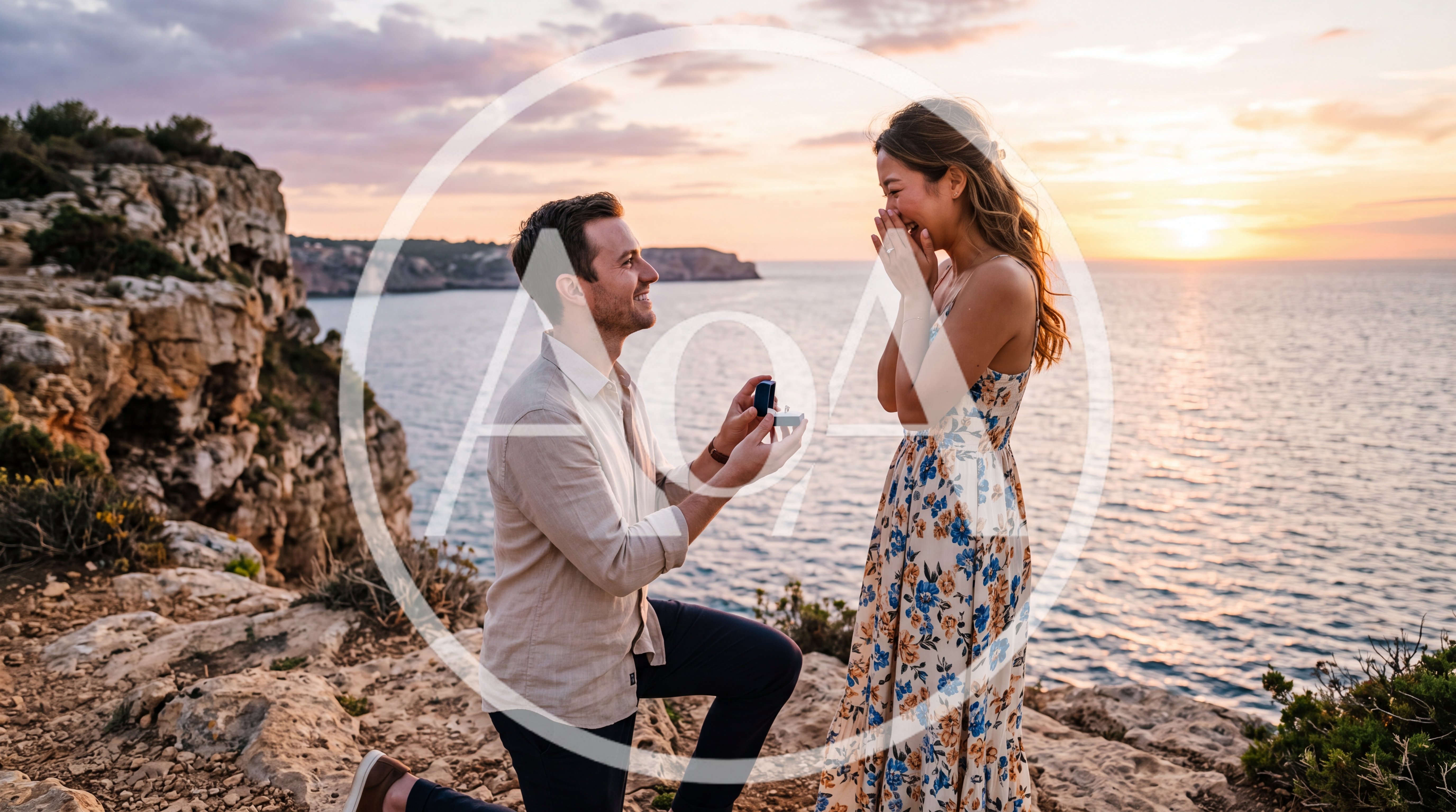 Man Proposing Marriage To Woman On Coastal Cliff