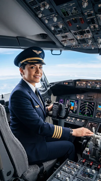 Female Airline Pilot Sitting In Cockpit Of Commercial Airplane