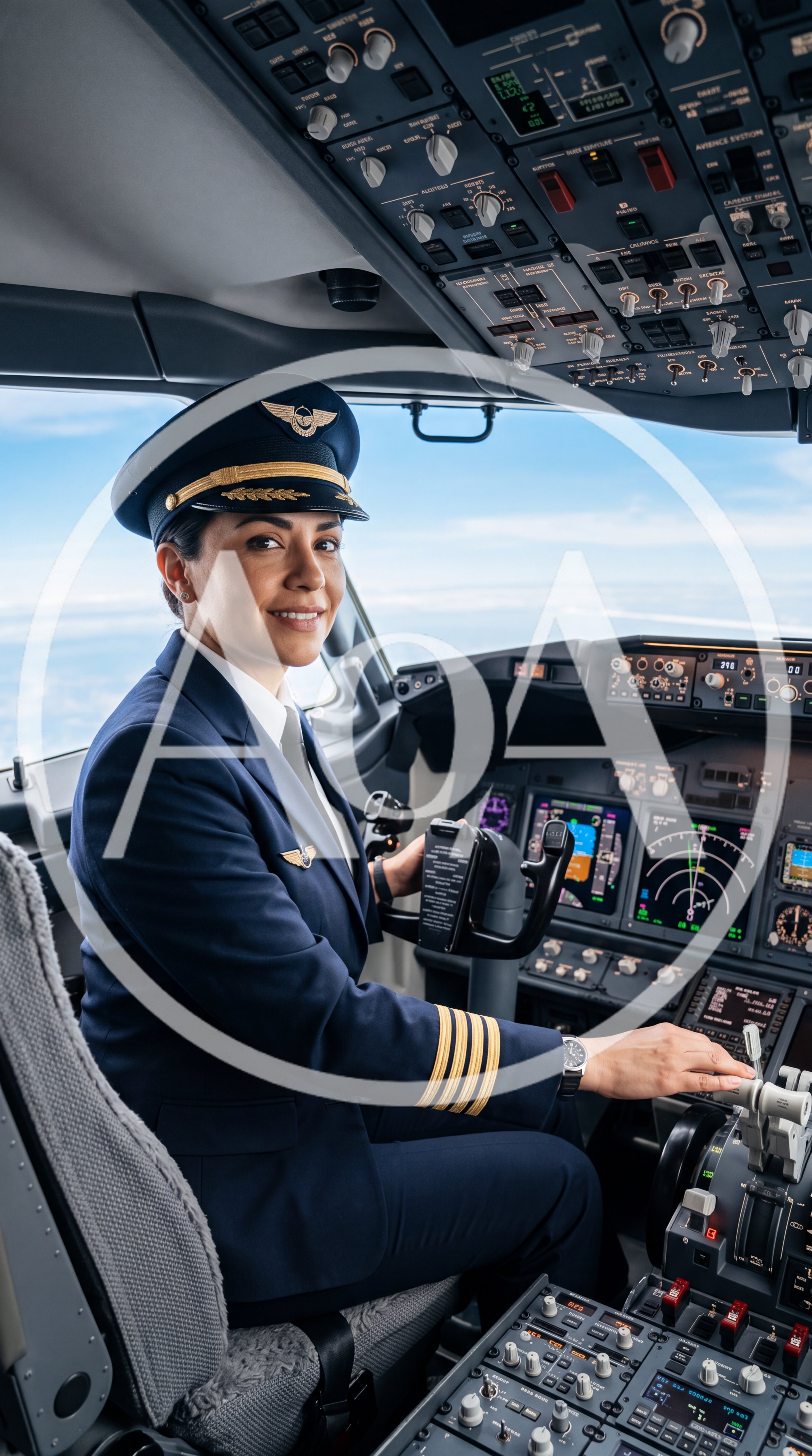 Female Airline Pilot Sitting In Cockpit Of Commercial Airplane