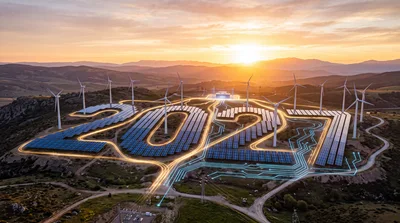 Solar Panels And Wind Turbines Forming 2021 Shape