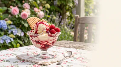 Raspberry Ice Cream Sundae on Garden Table