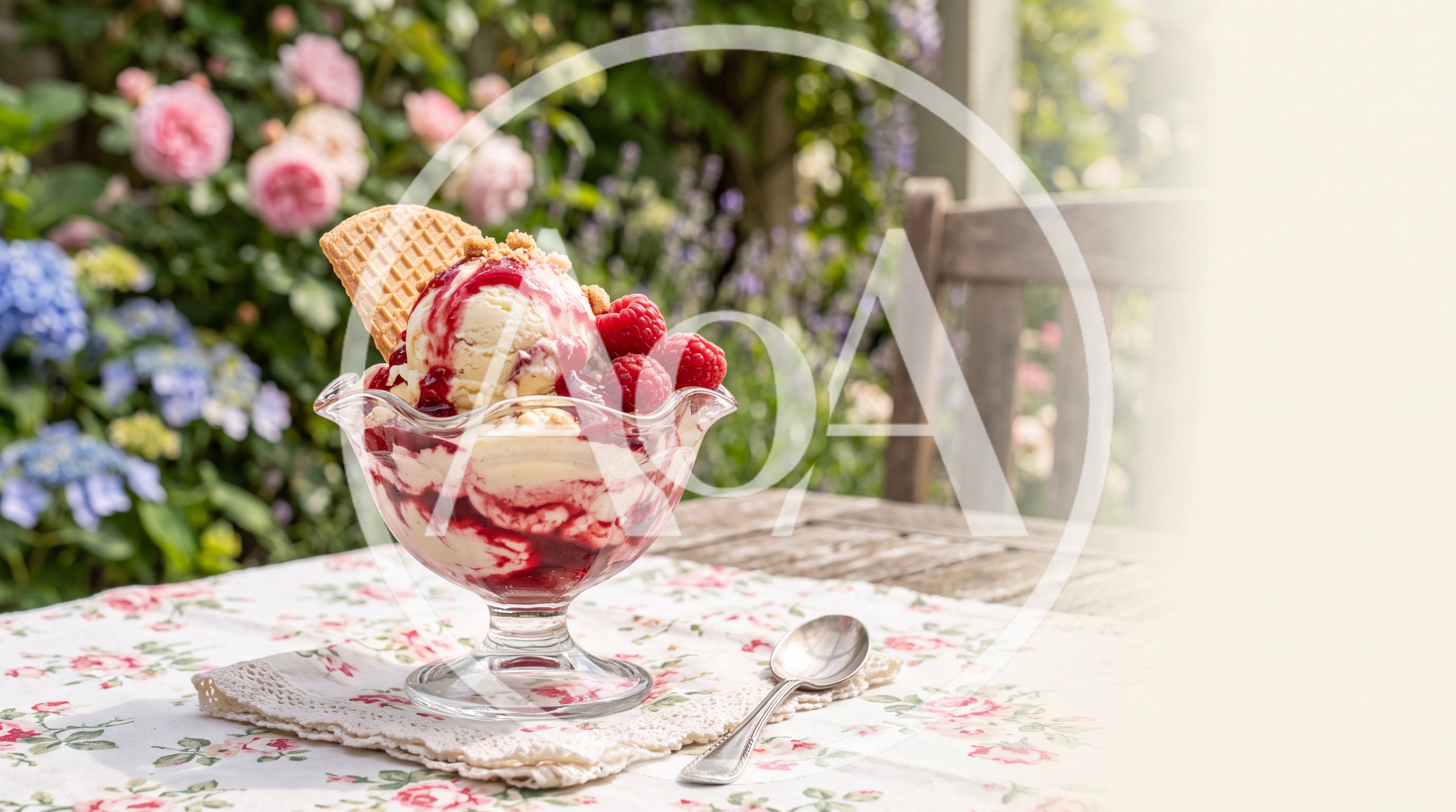 Raspberry Ice Cream Sundae on Garden Table