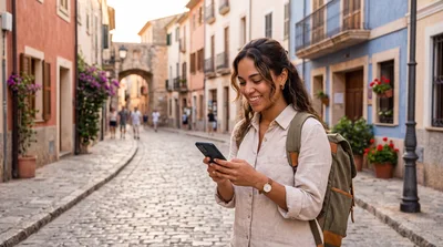 Young Woman Using Smartphone on Cobblestone Street