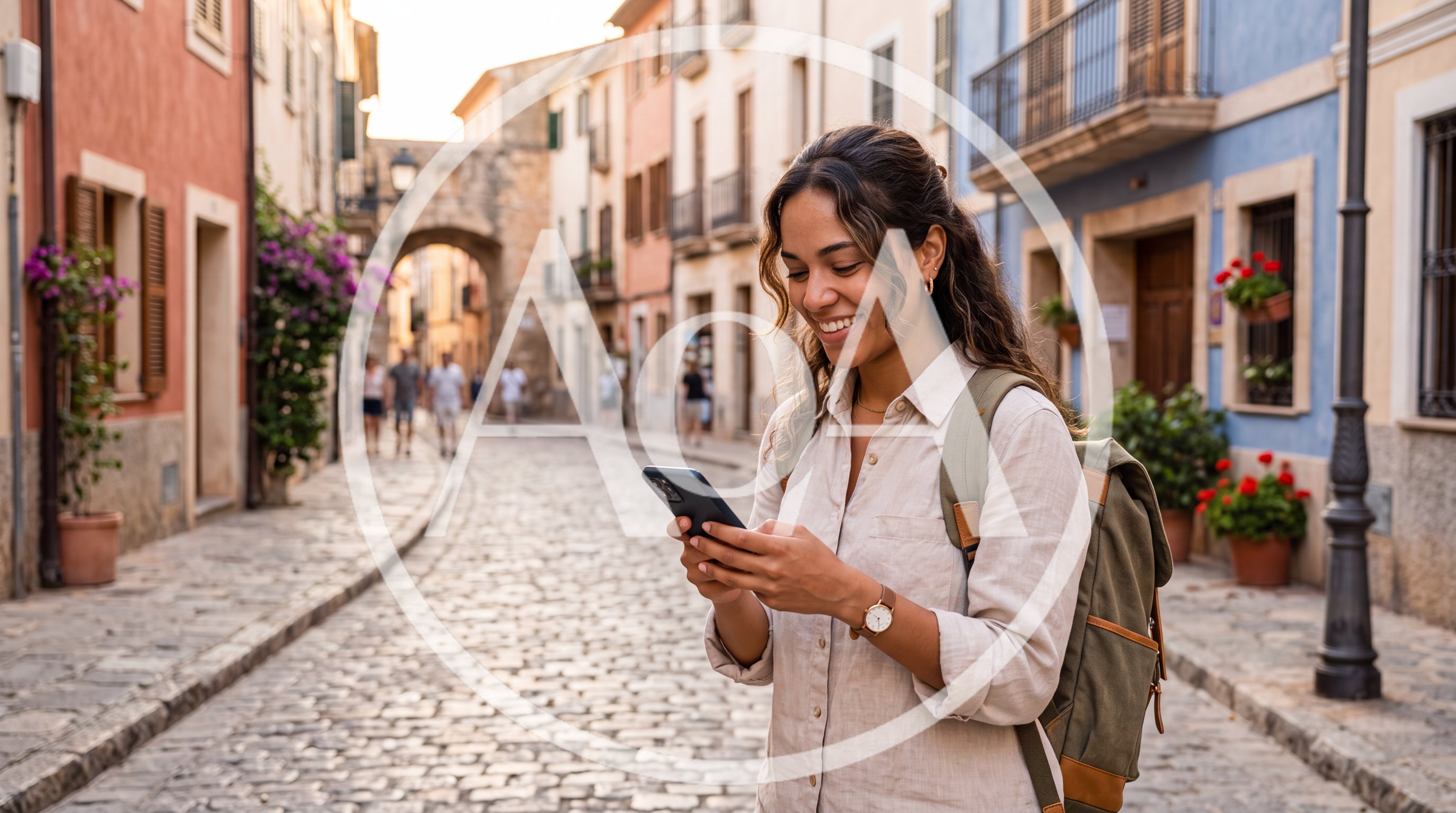 Young Woman Using Smartphone on Cobblestone Street
