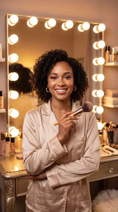 Young Woman Holding Makeup Brush In Vanity Mirror