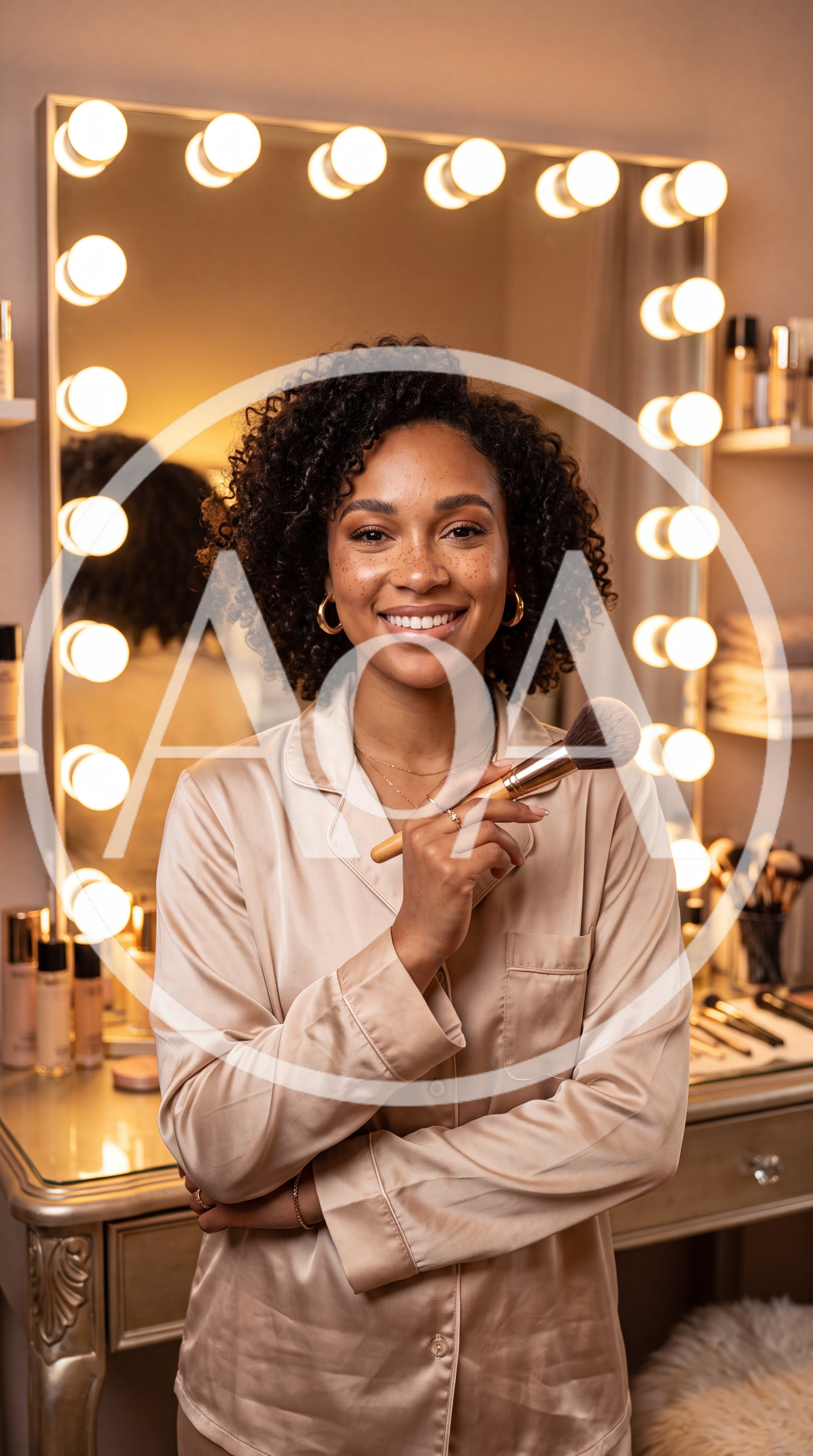 Young Woman Holding Makeup Brush In Vanity Mirror