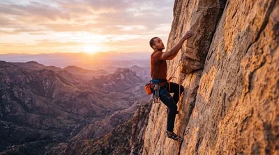 Rock Climber Ascending A Steep Cliff At Sunset