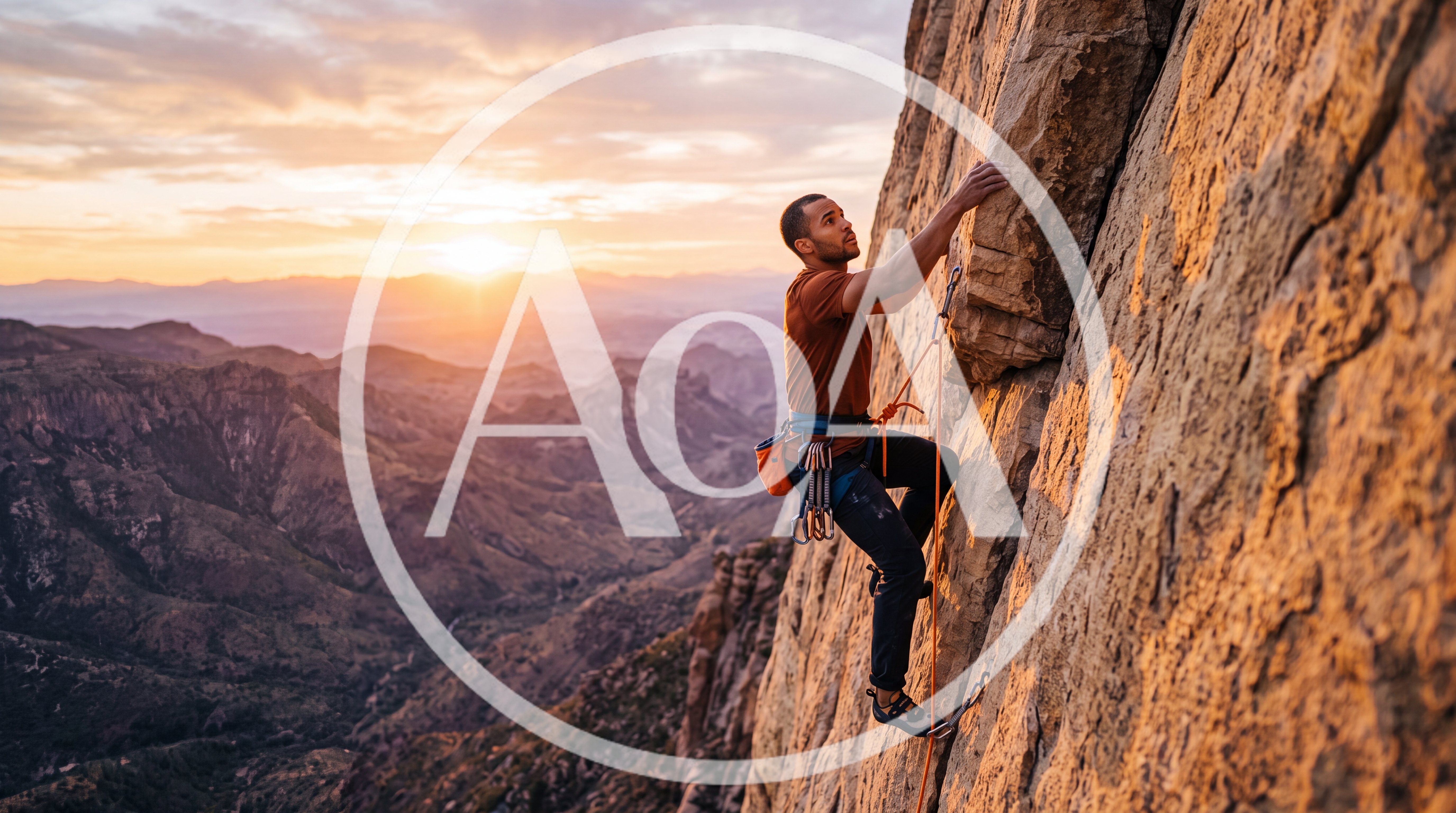 Rock Climber Ascending A Steep Cliff At Sunset