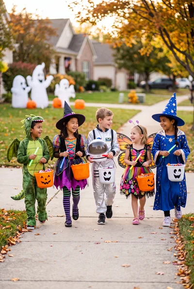 Group of Children Trick or Treating in Halloween Costumes