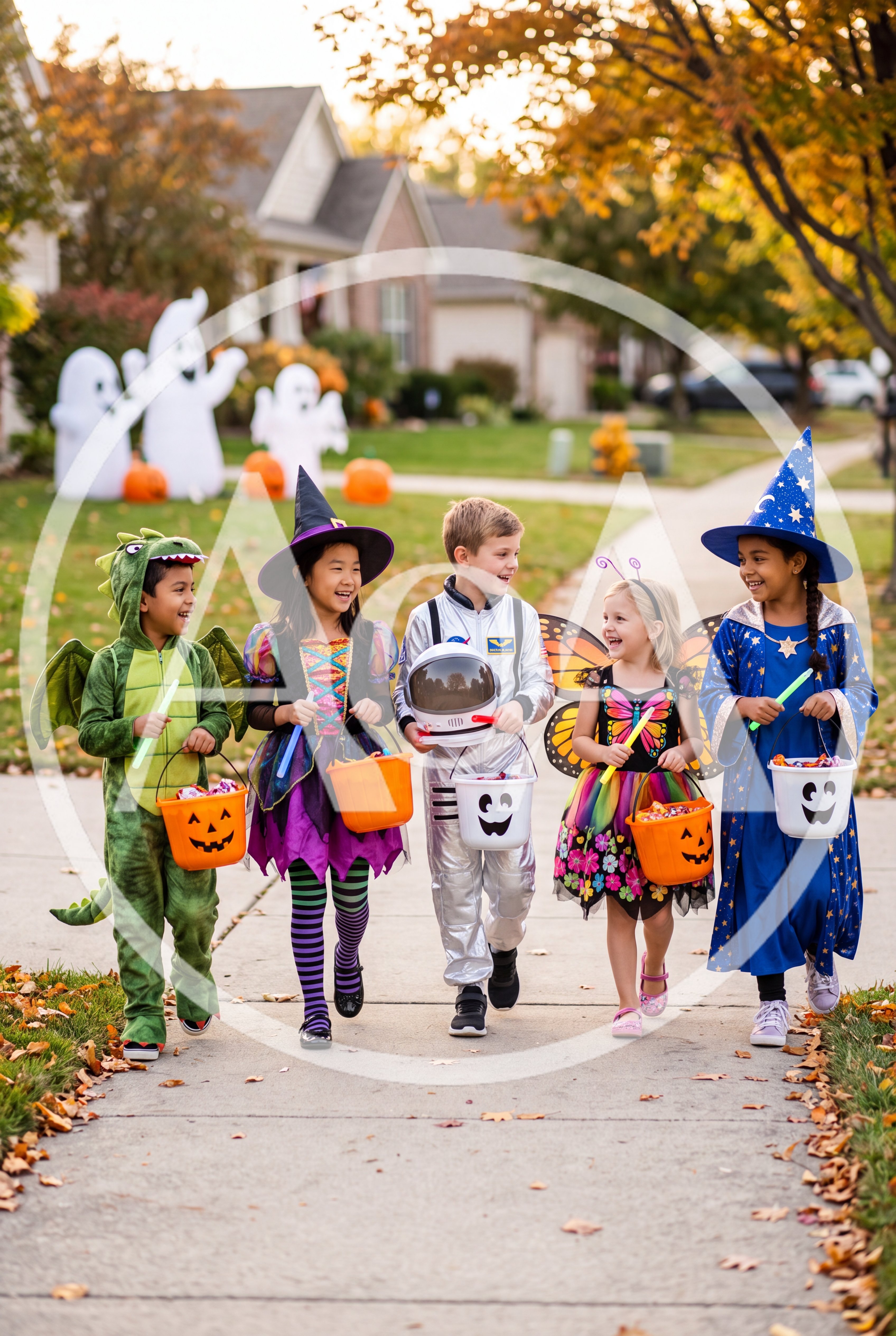 Group of Children Trick or Treating in Halloween Costumes
