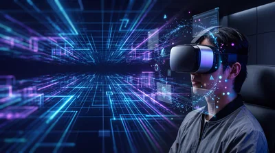 Young Man Wearing Virtual Reality Headset In Digital Space
