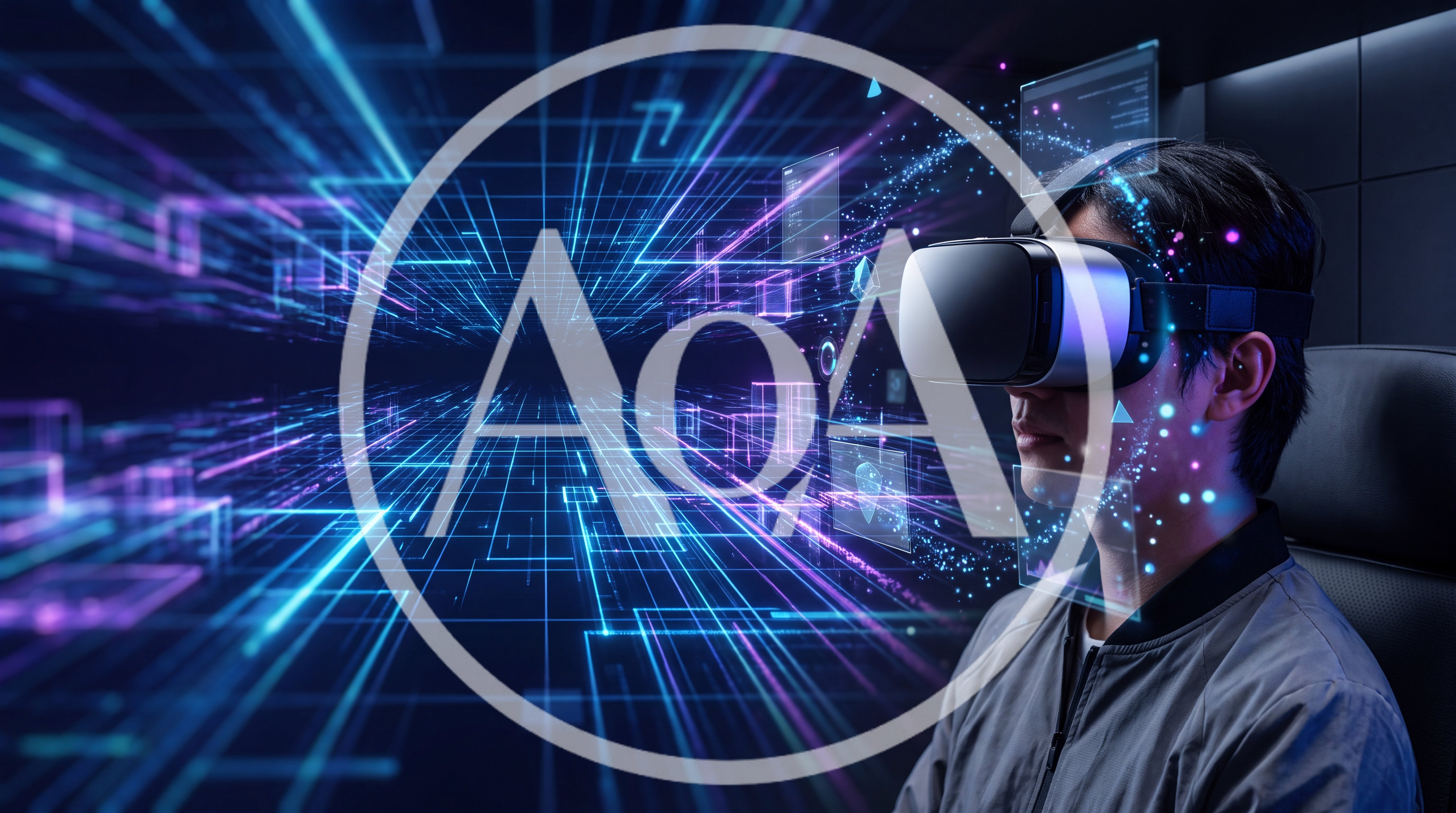 Young Man Wearing Virtual Reality Headset In Digital Space