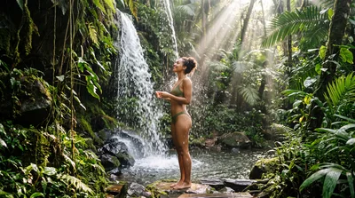 Woman Standing Under Tropical Waterfall In Lush Rainforest
