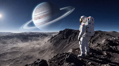 Astronaut Standing On A Rocky Alien Planet Surface