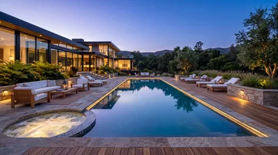 Luxury Modern Mansion With Infinity Pool At Twilight