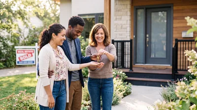 Real Estate Agent Handing Keys To Happy Couple