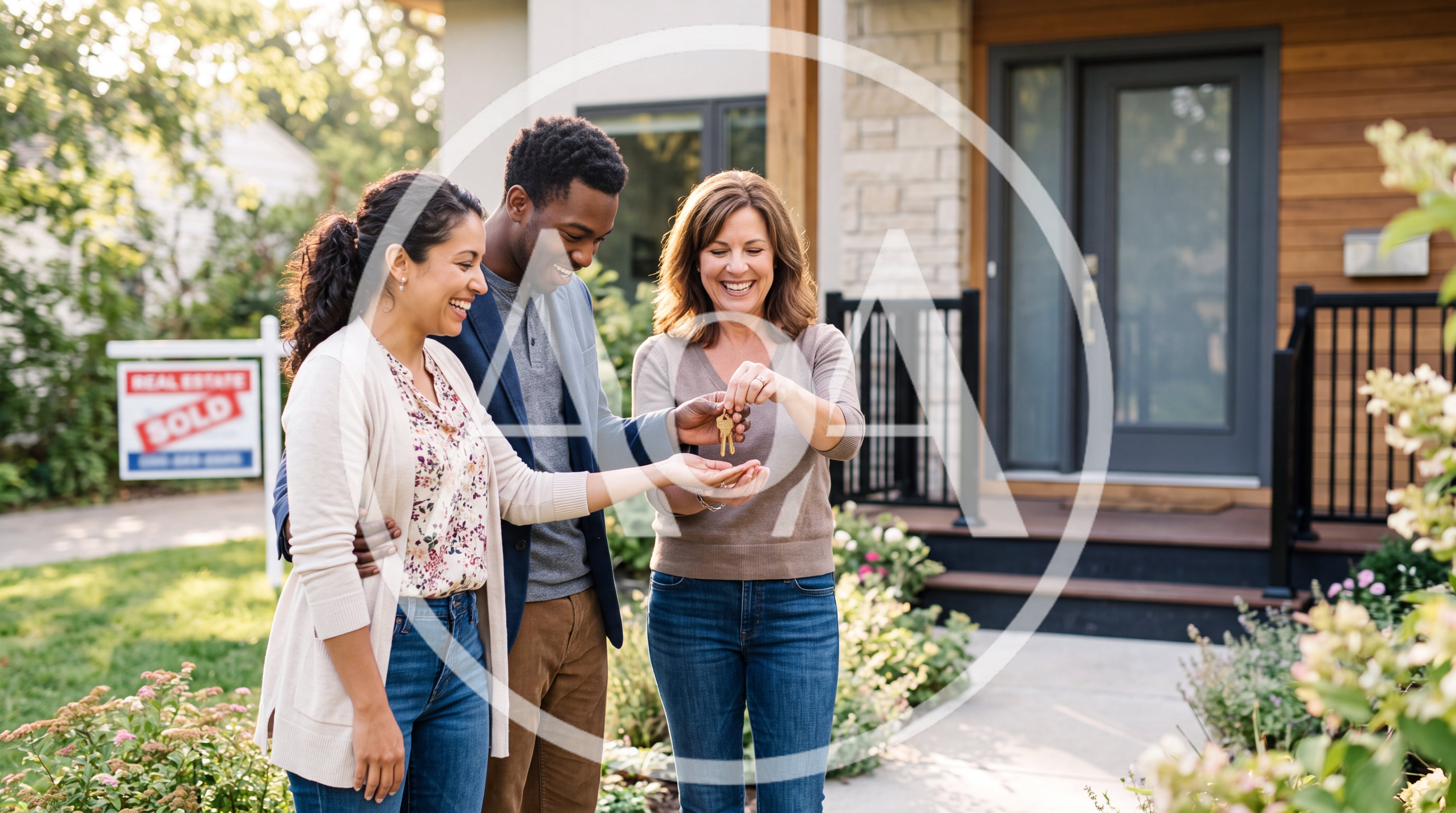 Real Estate Agent Handing Keys To Happy Couple