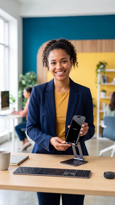 Professional Woman Presenting Smartphone On Desk Stand