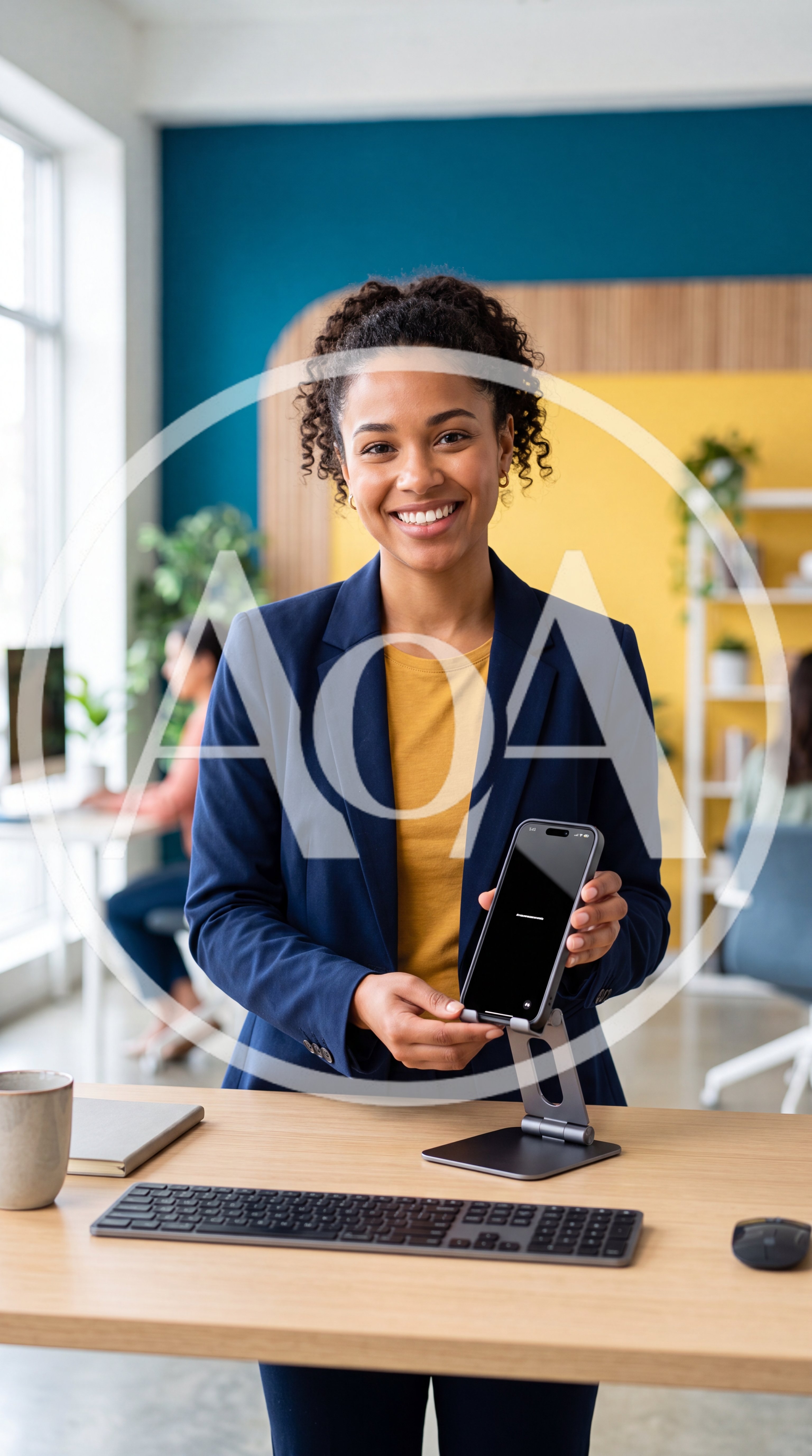 Professional Woman Presenting Smartphone On Desk Stand