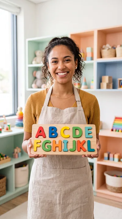 Preschool Teacher Holding Alphabet Puzzle Board