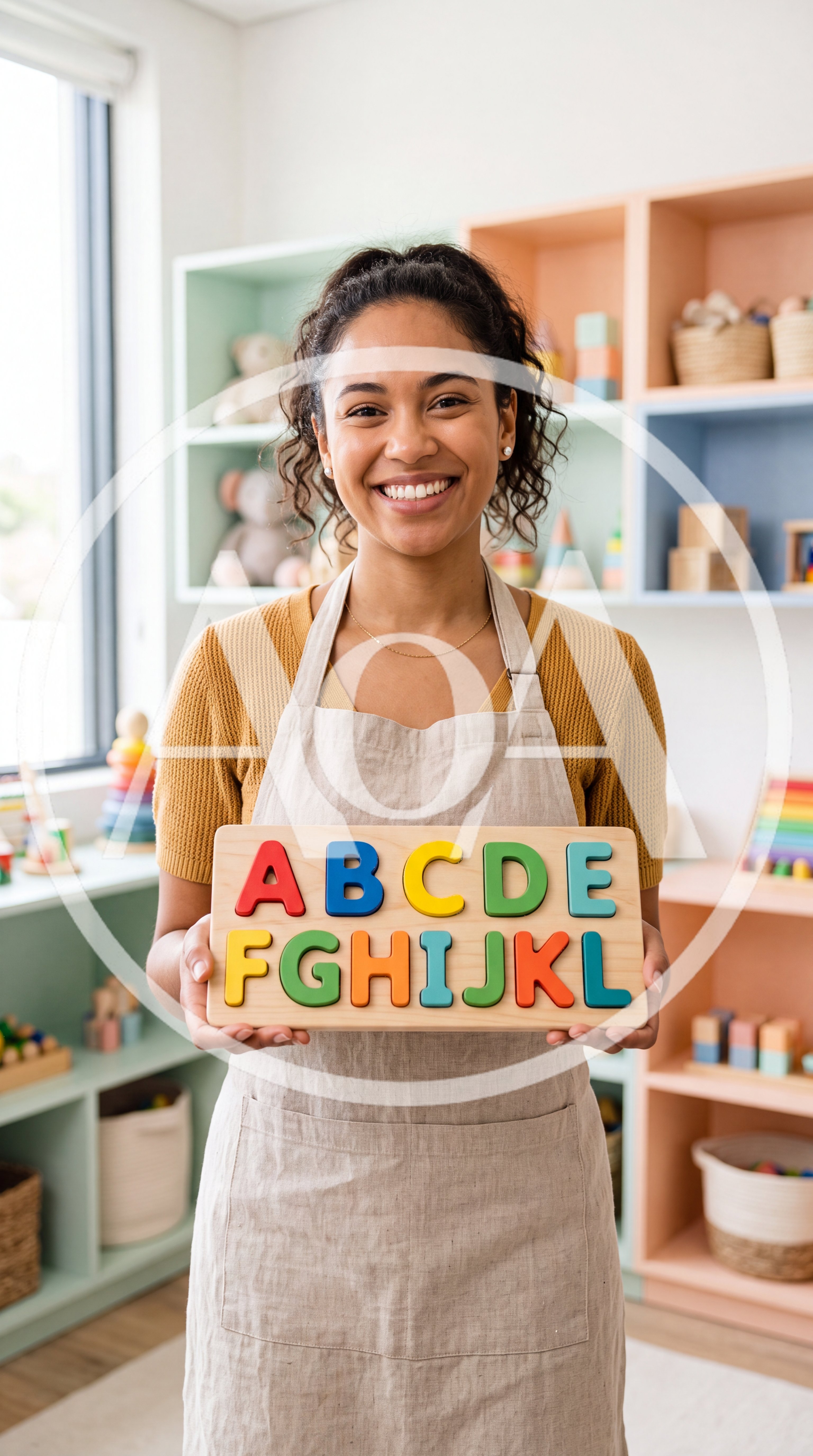 Preschool Teacher Holding Alphabet Puzzle Board