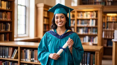 Smiling Female Graduate Holding Diploma In Library