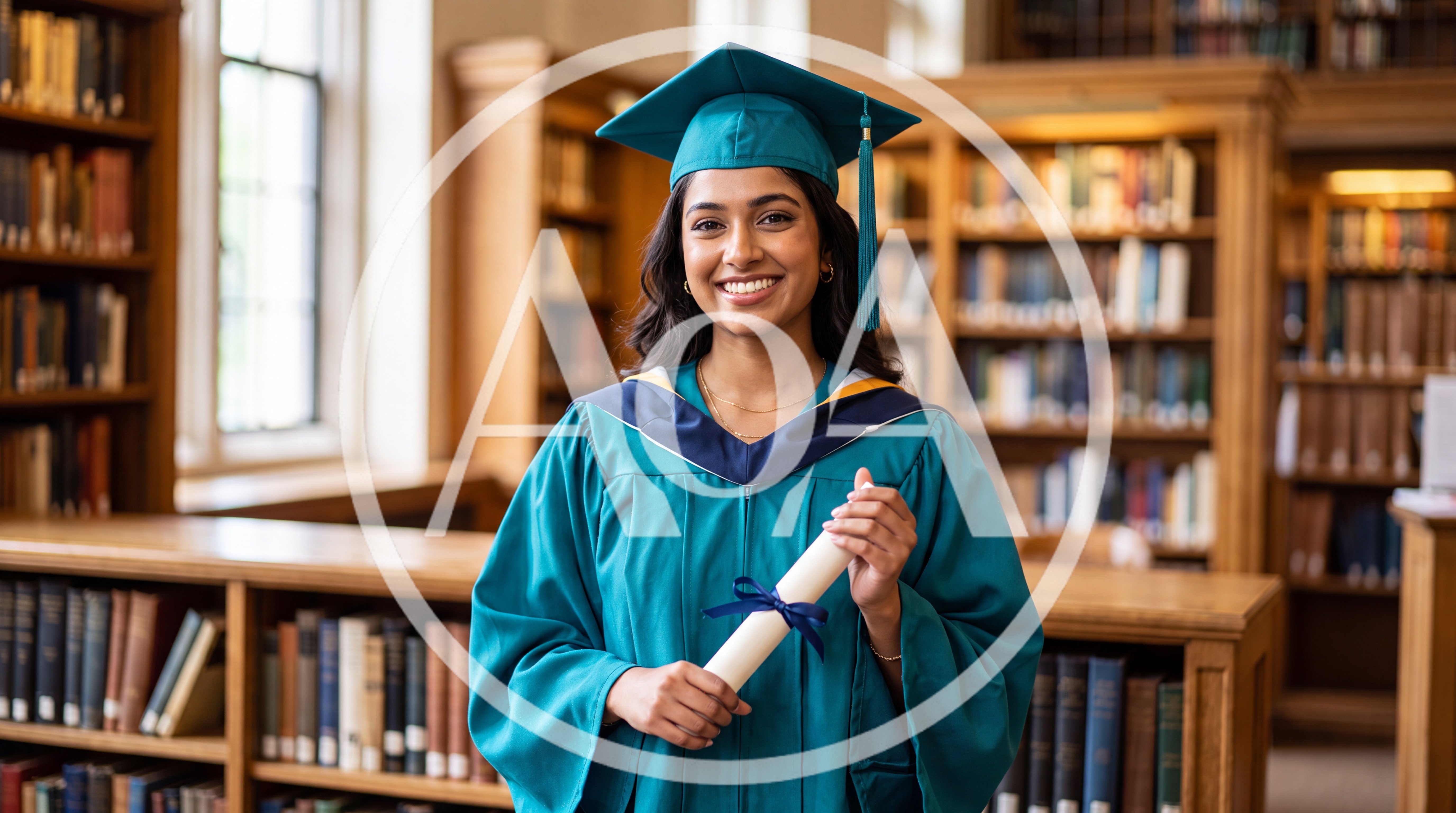 Smiling Female Graduate Holding Diploma In Library