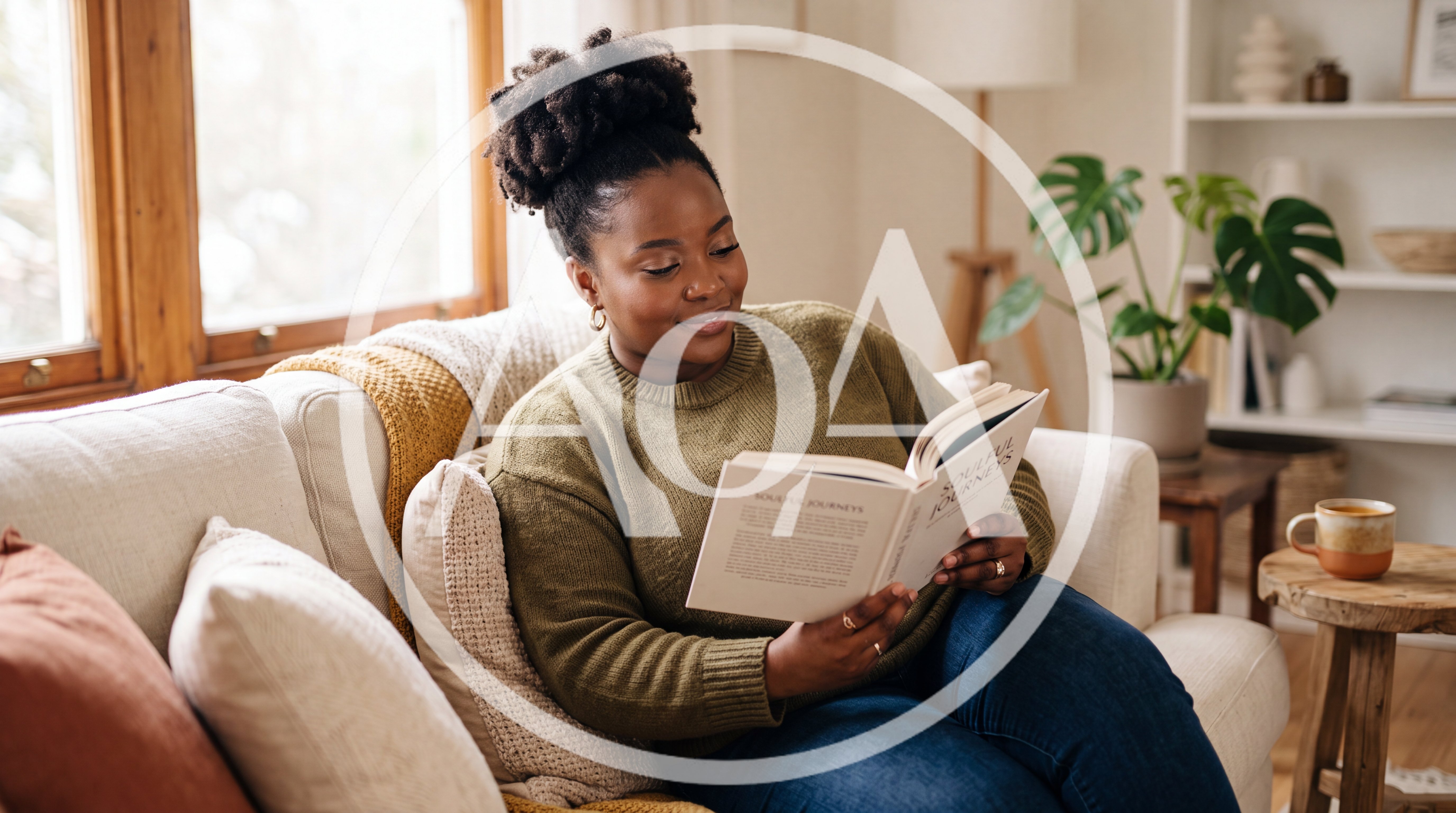 Black Woman Reading A Book On A Cozy Sofa