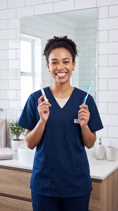 Smiling Female Dentist Holding Toothbrush and Whitening Pen