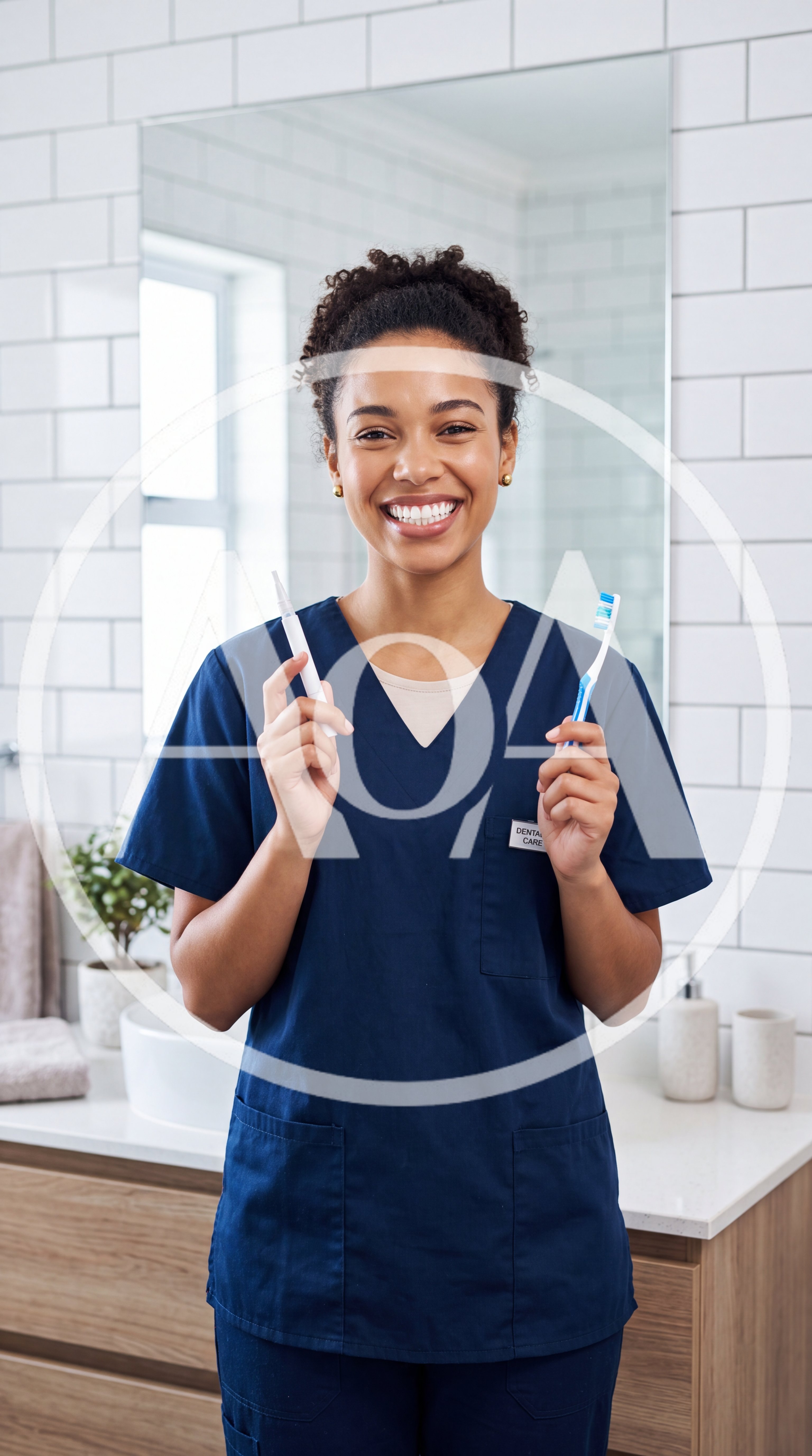 Smiling Female Dentist Holding Toothbrush and Whitening Pen