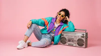 Young Woman Posing With Vintage Boombox