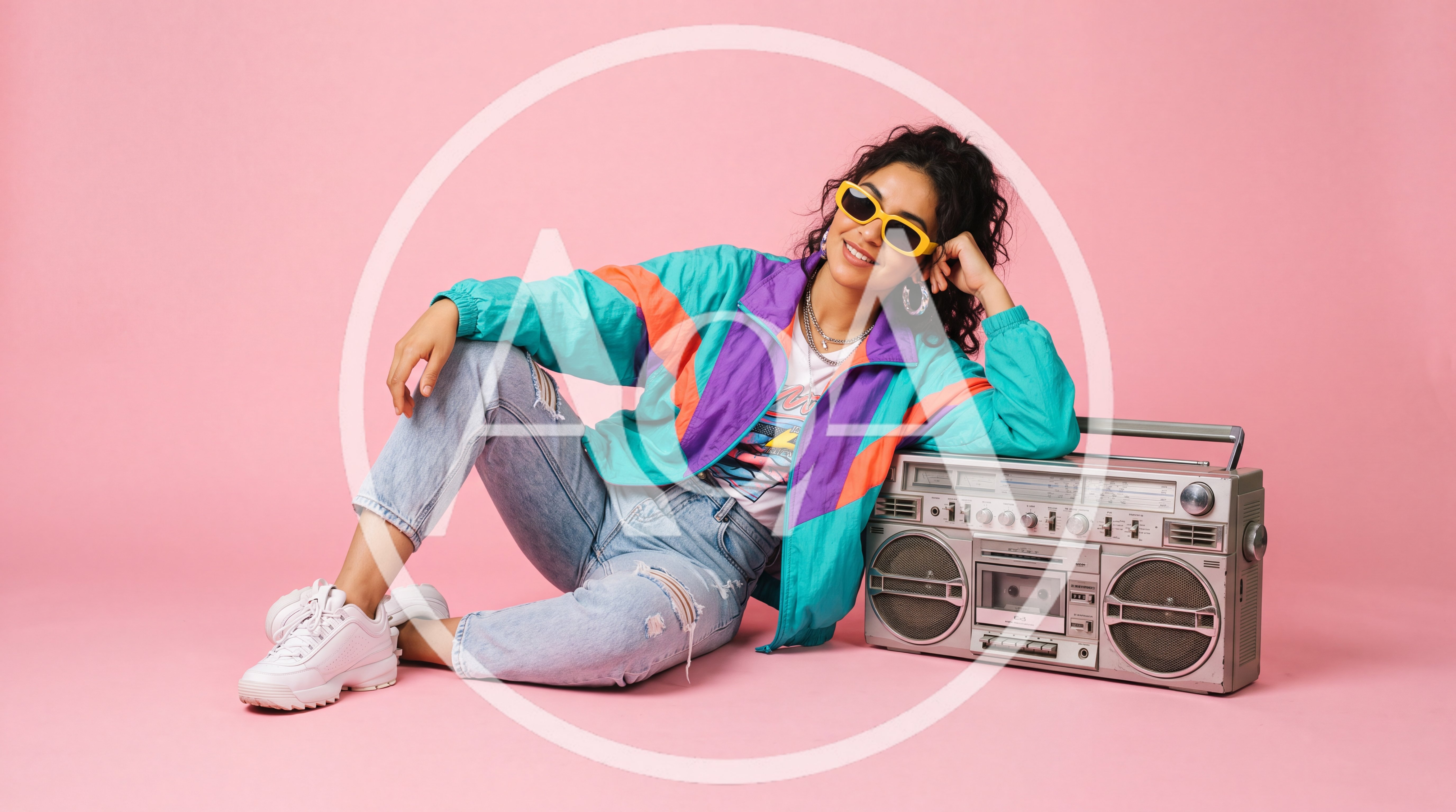 Young Woman Posing With Vintage Boombox