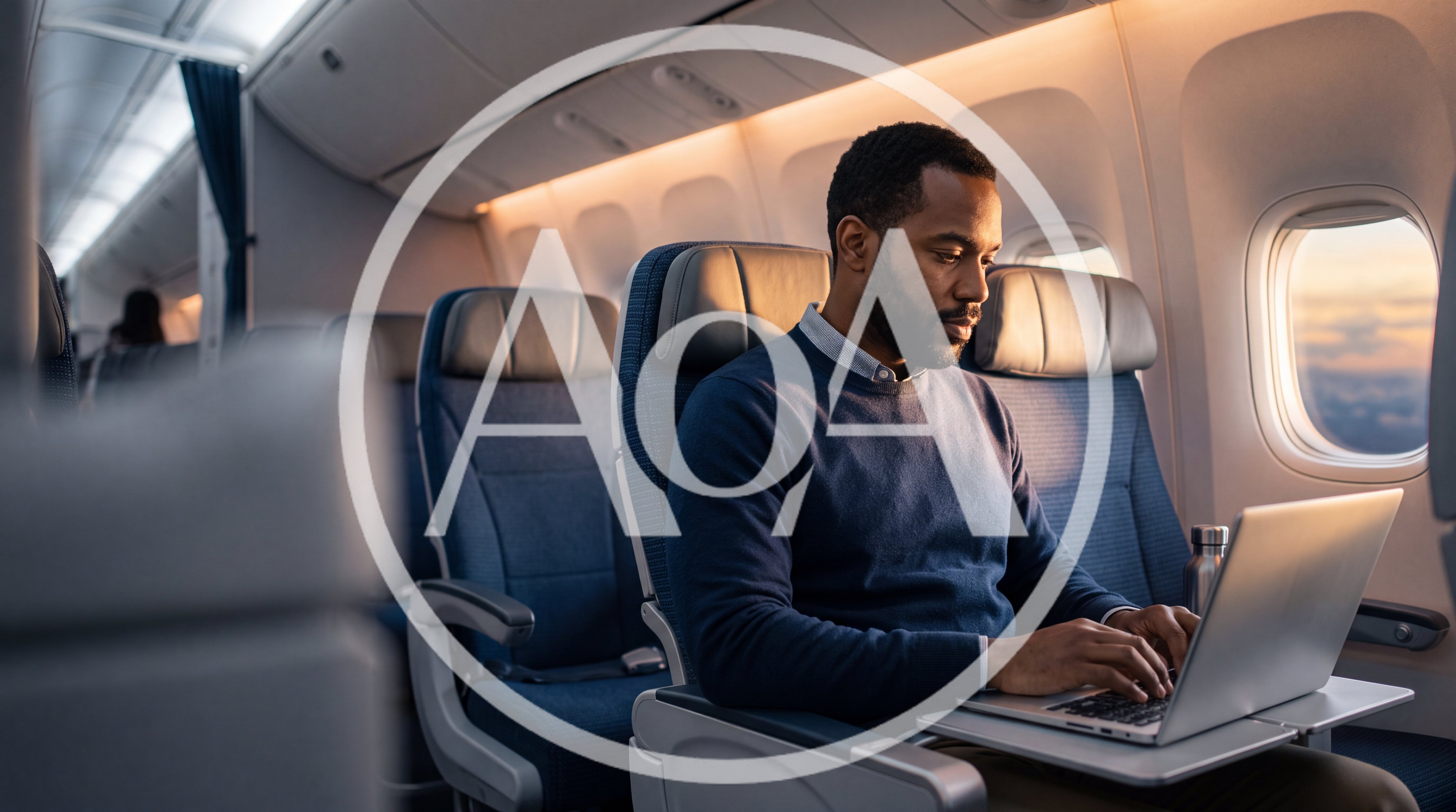 Man Working on Laptop During Airplane Flight