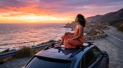 Woman Sitting On Car Roof Watching Sunset
