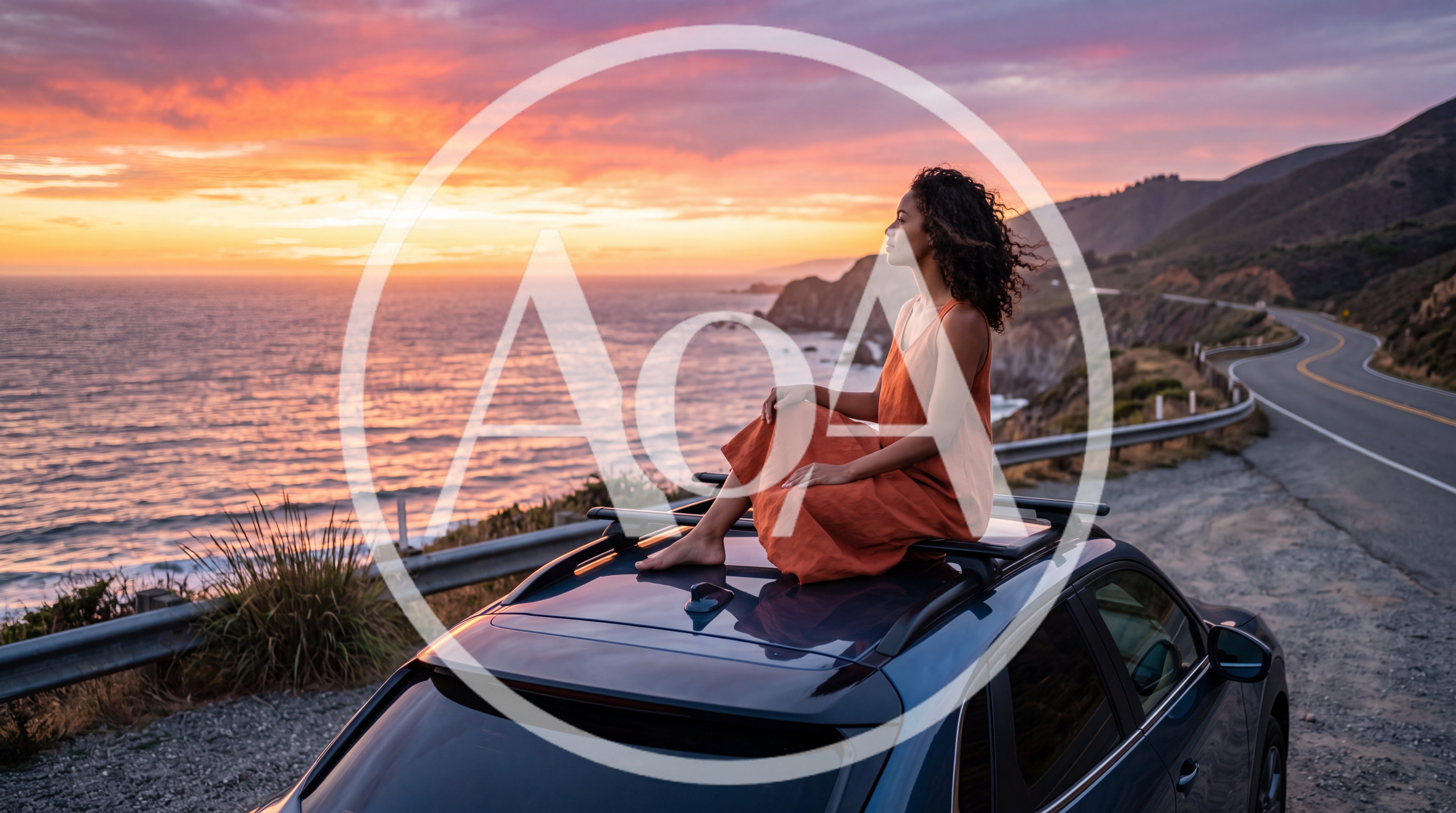 Woman Sitting On Car Roof Watching Sunset