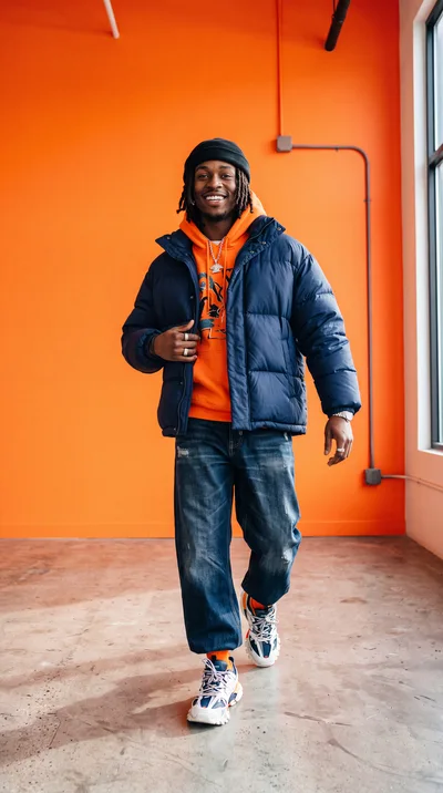 Young Man Walking In Orange Studio