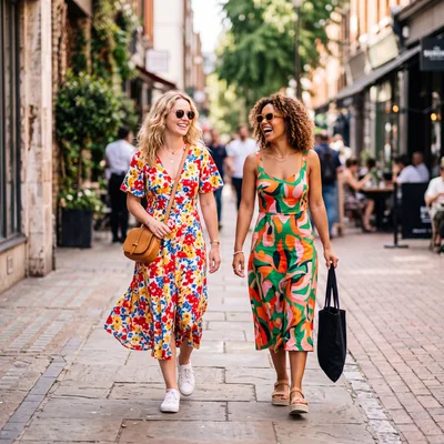 Two Women Walking And Laughing On A City Street