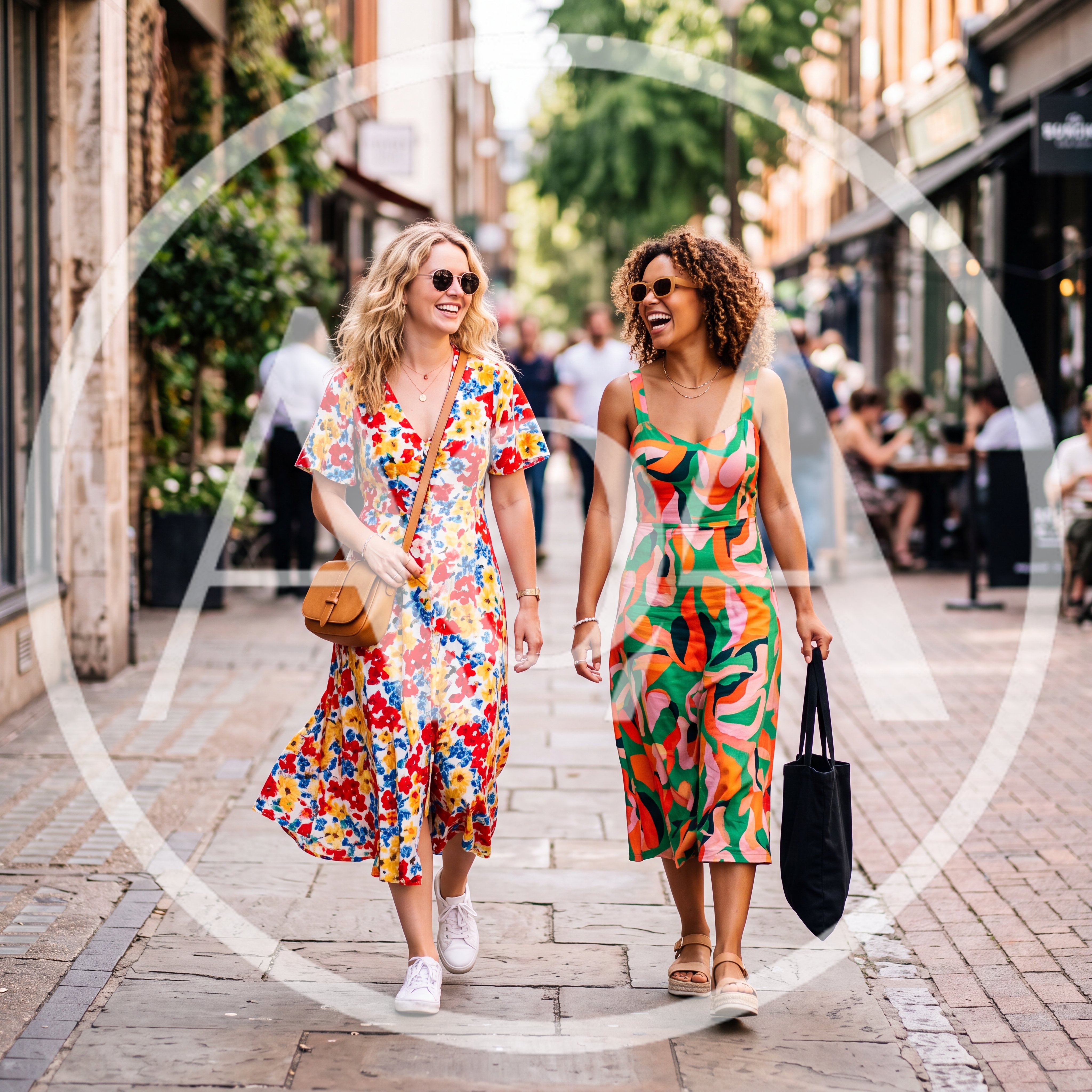 Two Women Walking And Laughing On A City Street