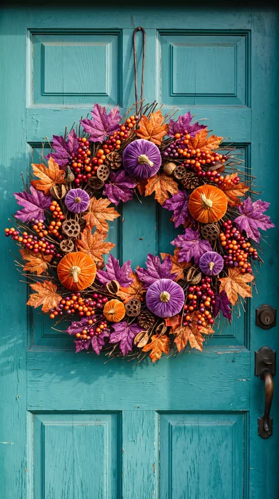 Autumn Wreath With Velvet Pumpkins On Teal Door