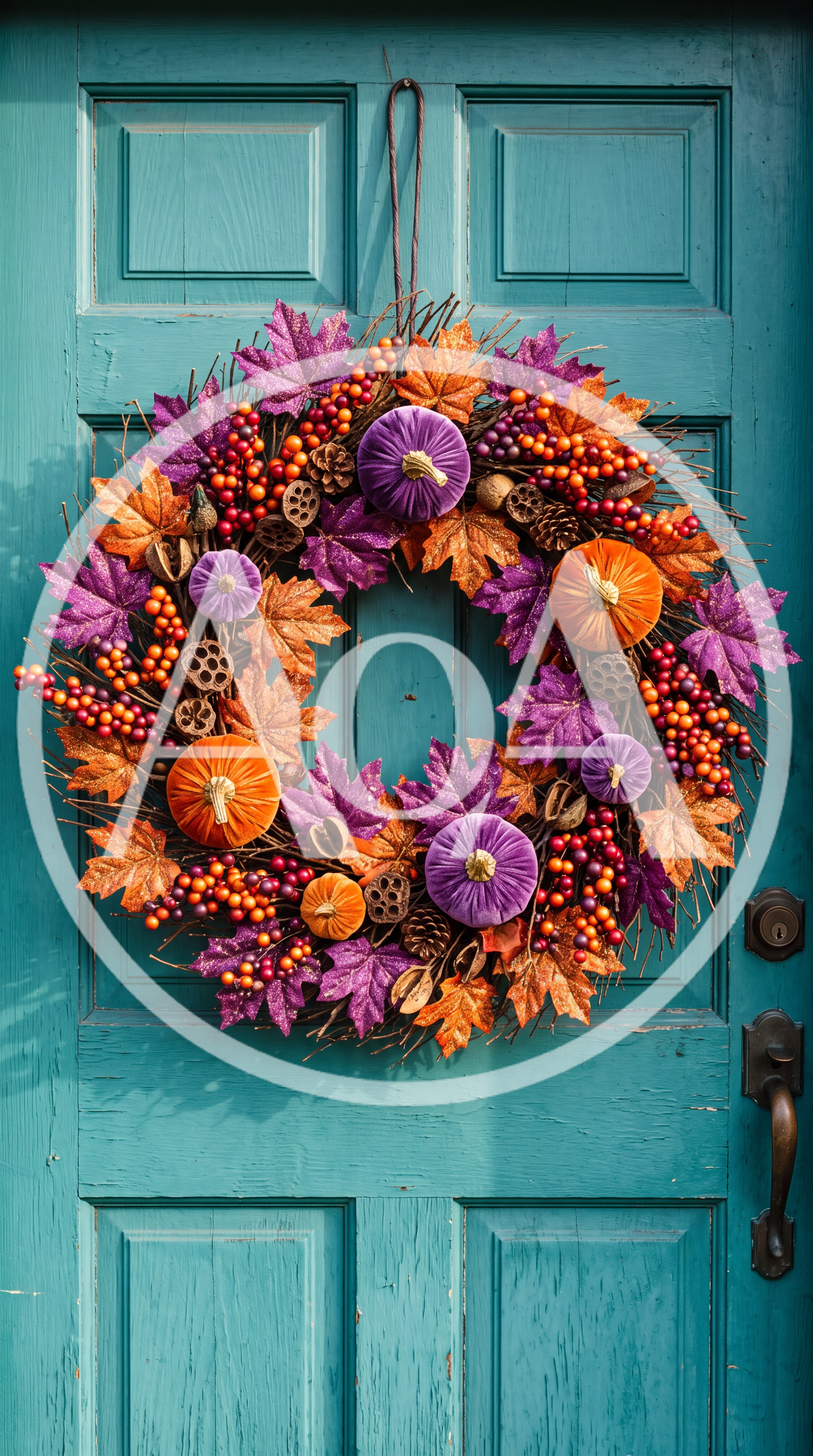 Autumn Wreath With Velvet Pumpkins On Teal Door