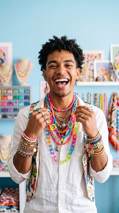 Joyful Jewelry Designer Wearing Colorful Beaded Necklaces