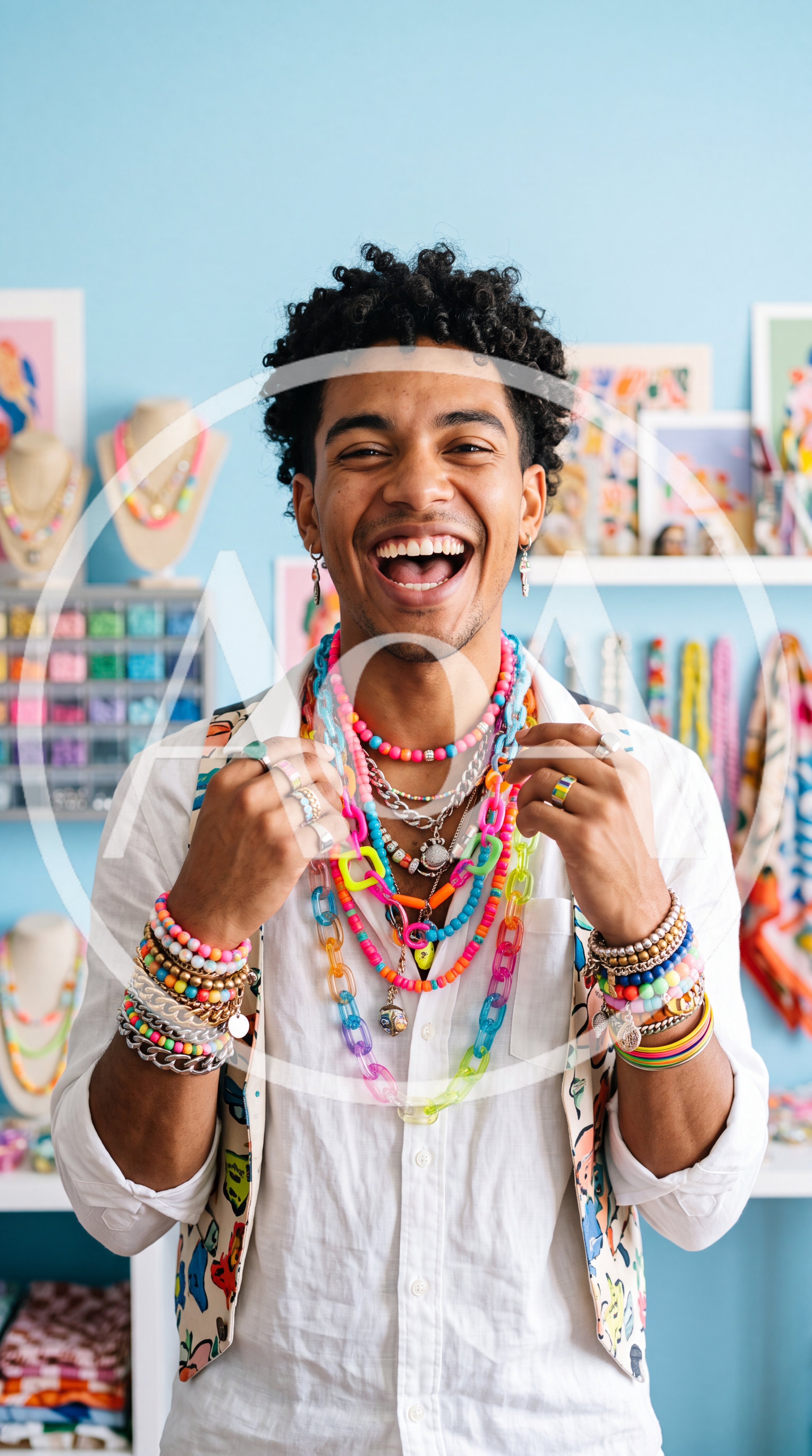 Joyful Jewelry Designer Wearing Colorful Beaded Necklaces