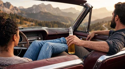Couple Relaxing In Vintage Convertible With Beer