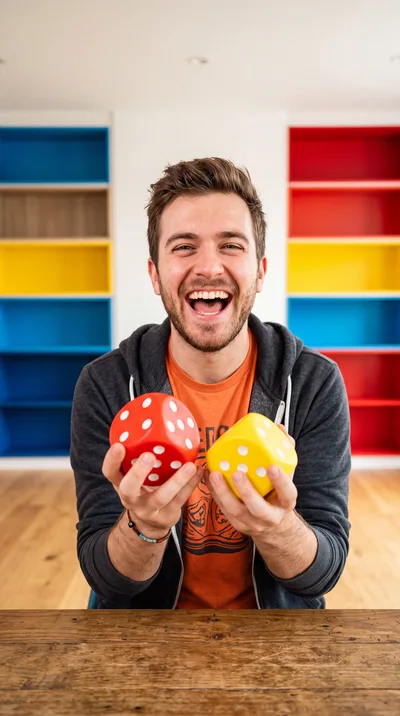 Happy Man Holding Large Red And Yellow Dice