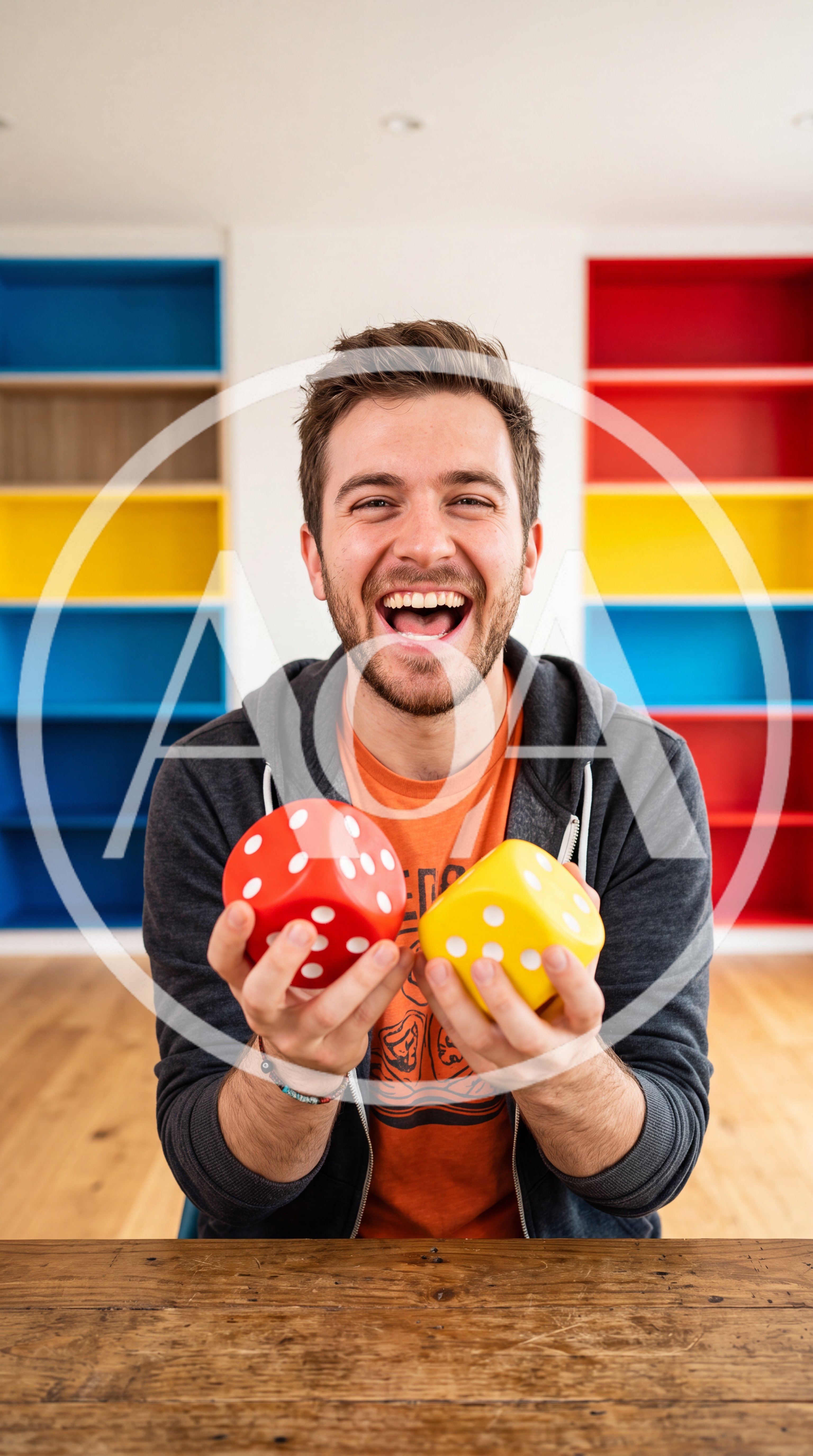 Happy Man Holding Large Red And Yellow Dice