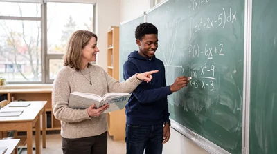 Teacher Helping Student Solve Calculus Problem on Chalkboard
