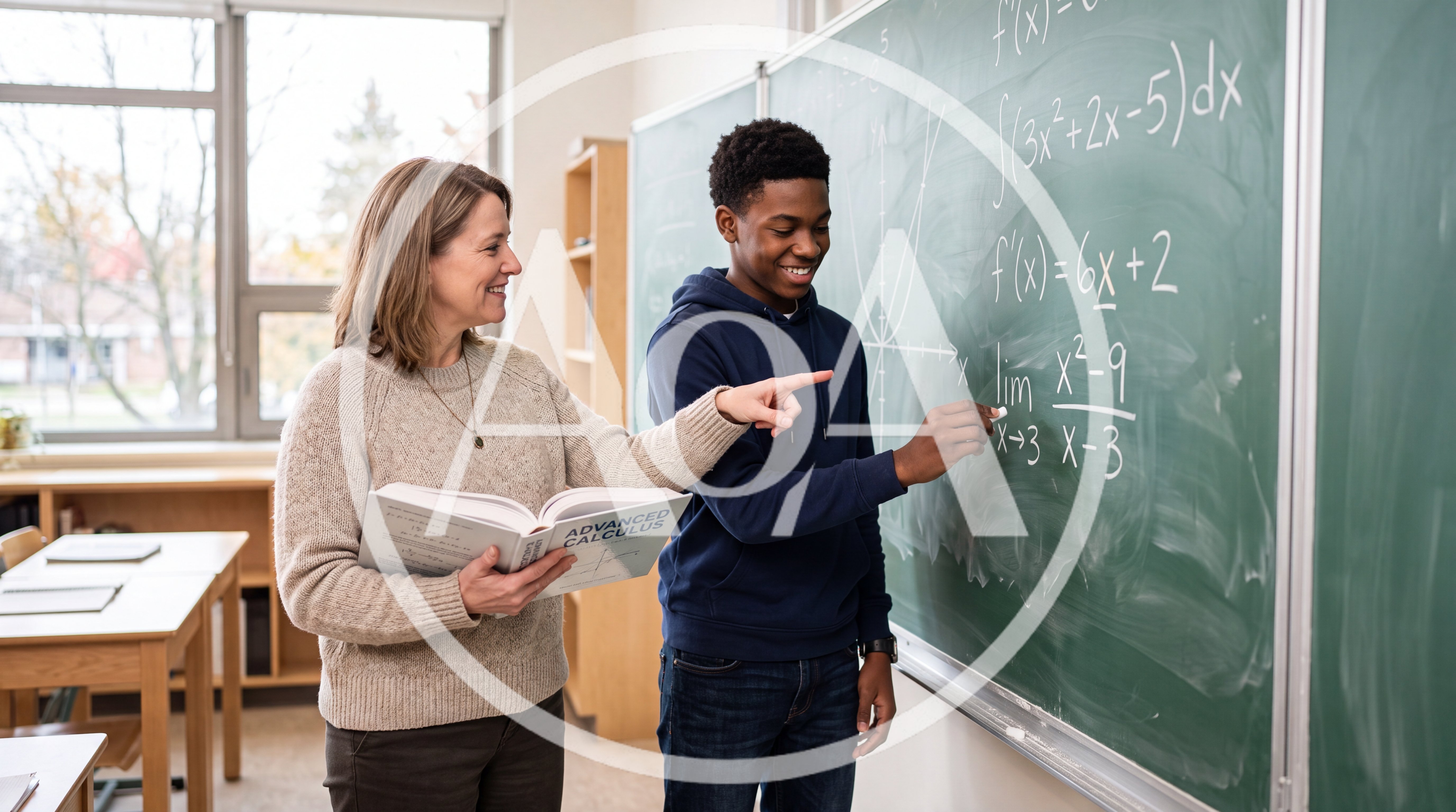 Teacher Helping Student Solve Calculus Problem on Chalkboard