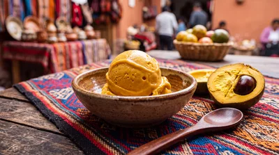 Lucuma Ice Cream Served in a Rustic Bowl