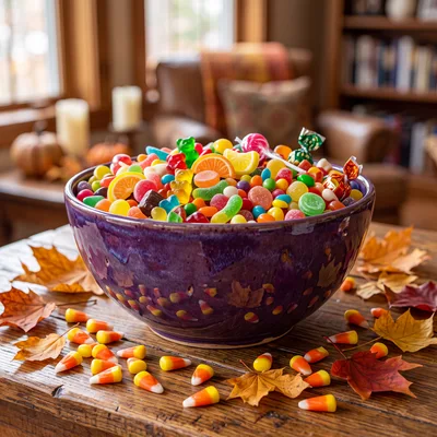 Bowl Of Assorted Halloween Candy On Wooden Table